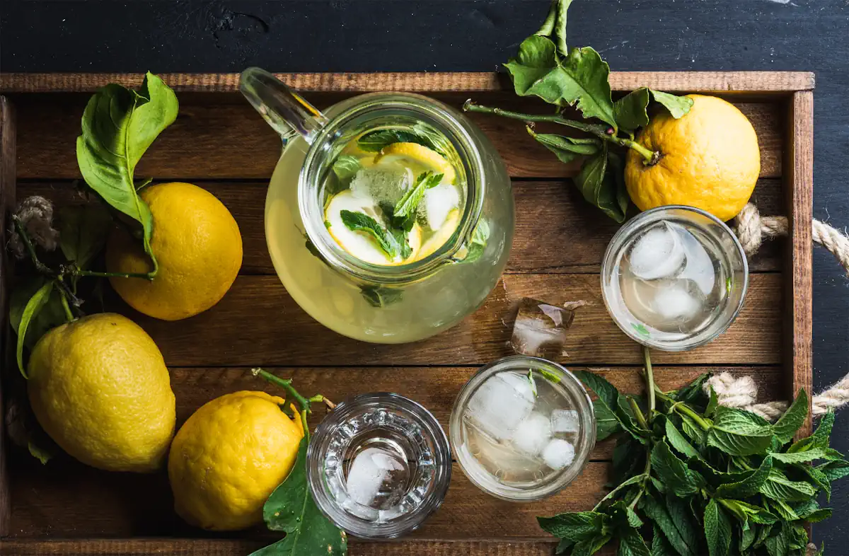 Un pichet de limonade posé à côté de verres et de citrons